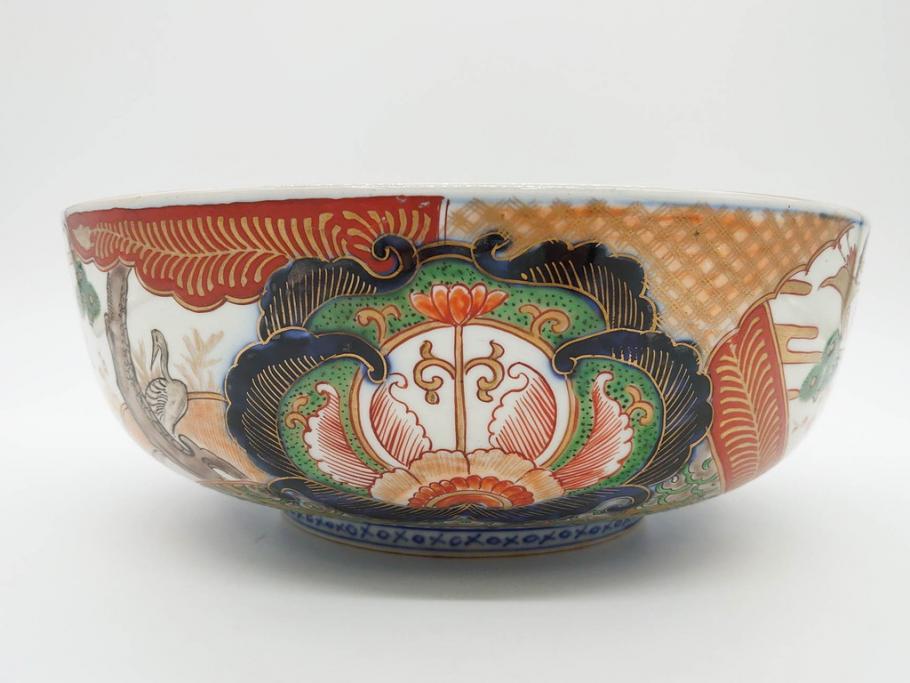 明治期　成化年製　伊万里　色絵　約31cm　1尺　色彩が鮮やかで豪華な深鉢(松、梅、鶴、ツル、菊、花、深皿、金彩、和食器、和皿、一尺)(R-079065)