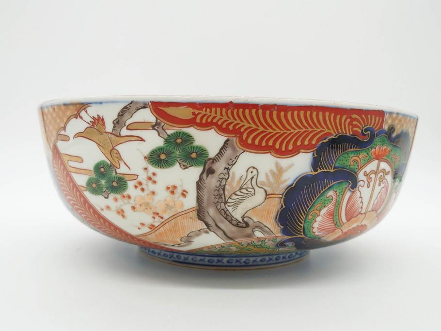 明治期　成化年製　伊万里　色絵　約31cm　1尺　色彩が鮮やかで豪華な深鉢(松、梅、鶴、ツル、菊、花、深皿、金彩、和食器、和皿、一尺)(R-079065)