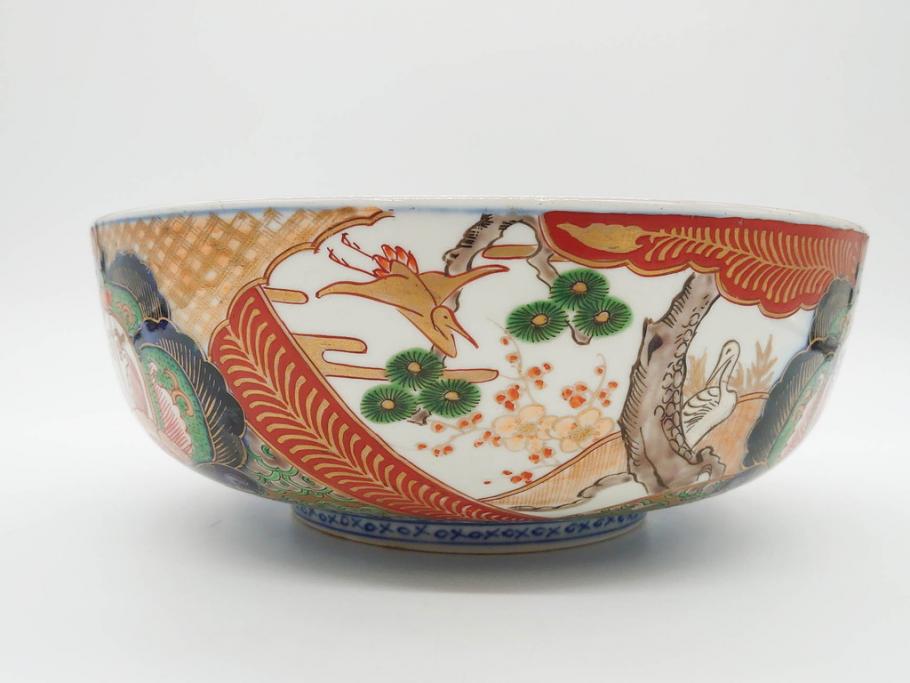 明治期　成化年製　伊万里　色絵　約31cm　1尺　色彩が鮮やかで豪華な深鉢(松、梅、鶴、ツル、菊、花、深皿、金彩、和食器、和皿、一尺)(R-079065)
