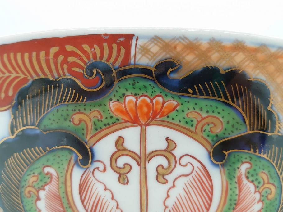 明治期　成化年製　伊万里　色絵　約31cm　1尺　色彩が鮮やかで豪華な深鉢(松、梅、鶴、ツル、菊、花、深皿、金彩、和食器、和皿、一尺)(R-079065)