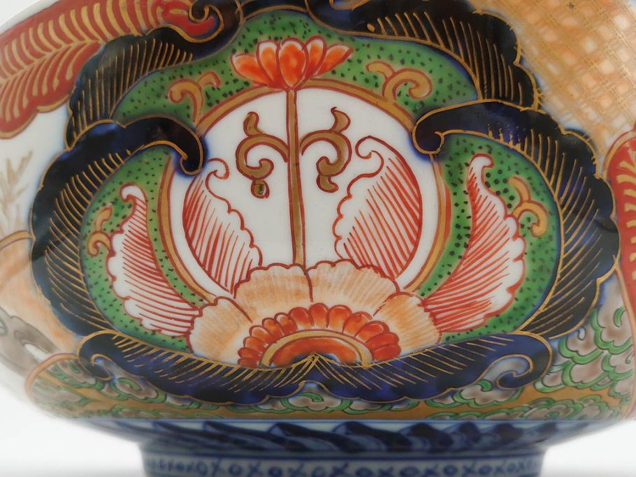 明治期　成化年製　伊万里　色絵　約31cm　1尺　色彩が鮮やかで豪華な深鉢(松、梅、鶴、ツル、菊、花、深皿、金彩、和食器、和皿、一尺)(R-079065)