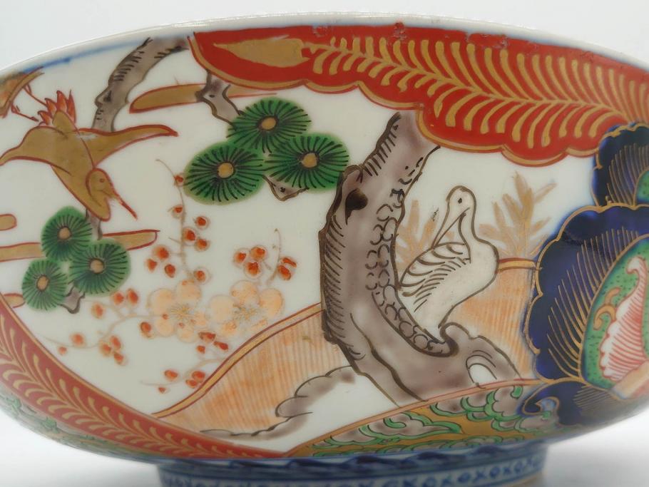 明治期　成化年製　伊万里　色絵　約31cm　1尺　色彩が鮮やかで豪華な深鉢(松、梅、鶴、ツル、菊、花、深皿、金彩、和食器、和皿、一尺)(R-079065)