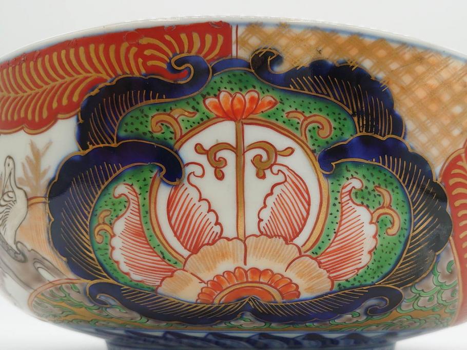 明治期　成化年製　伊万里　色絵　約31cm　1尺　色彩が鮮やかで豪華な深鉢(松、梅、鶴、ツル、菊、花、深皿、金彩、和食器、和皿、一尺)(R-079065)