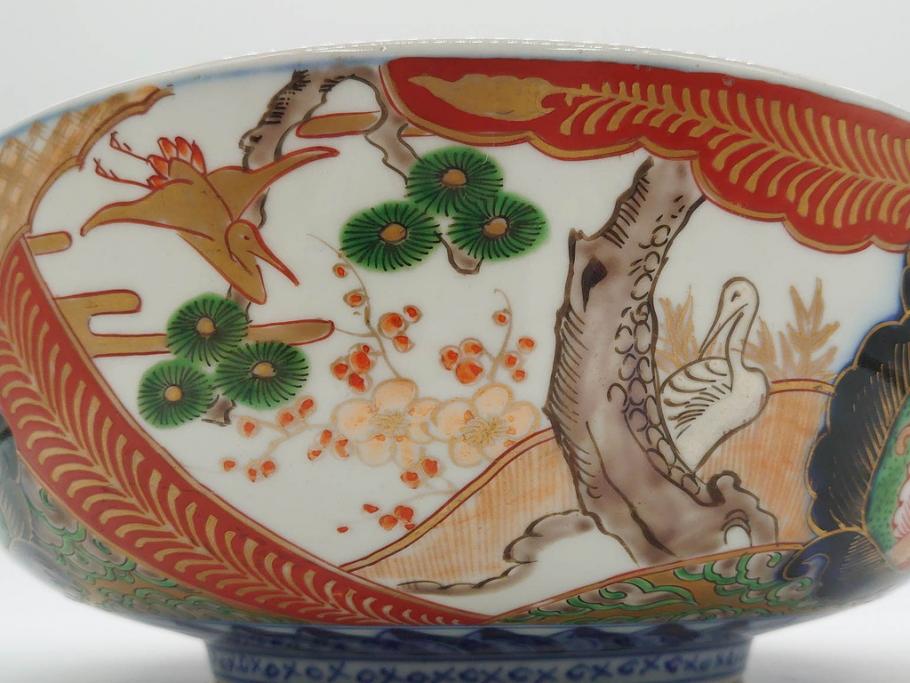 明治期　成化年製　伊万里　色絵　約31cm　1尺　色彩が鮮やかで豪華な深鉢(松、梅、鶴、ツル、菊、花、深皿、金彩、和食器、和皿、一尺)(R-079065)