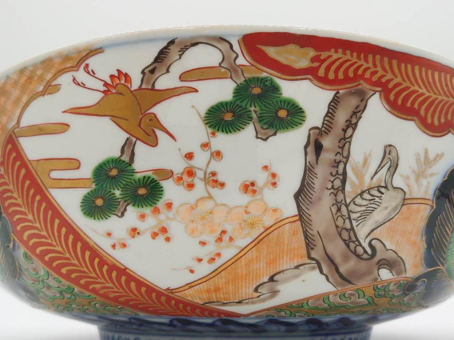 明治期　成化年製　伊万里　色絵　約31cm　1尺　色彩が鮮やかで豪華な深鉢(松、梅、鶴、ツル、菊、花、深皿、金彩、和食器、和皿、一尺)(R-079065)