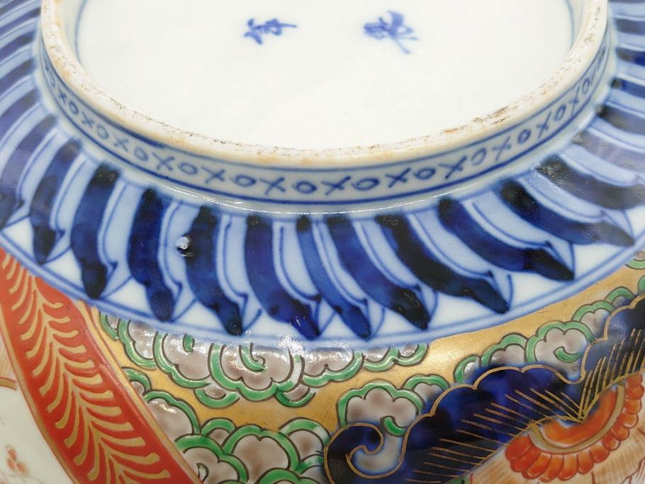 明治期　成化年製　伊万里　色絵　約31cm　1尺　色彩が鮮やかで豪華な深鉢(松、梅、鶴、ツル、菊、花、深皿、金彩、和食器、和皿、一尺)(R-079065)