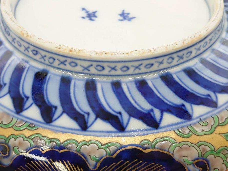 明治期　成化年製　伊万里　色絵　約31cm　1尺　色彩が鮮やかで豪華な深鉢(松、梅、鶴、ツル、菊、花、深皿、金彩、和食器、和皿、一尺)(R-079065)