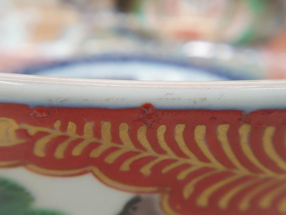 明治期　成化年製　伊万里　色絵　約31cm　1尺　色彩が鮮やかで豪華な深鉢(松、梅、鶴、ツル、菊、花、深皿、金彩、和食器、和皿、一尺)(R-079065)