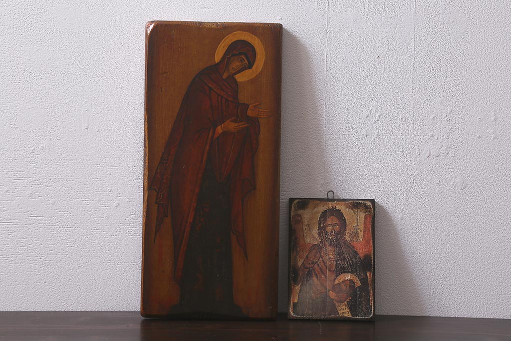 アンティーク雑貨　西洋アンティーク　WG.RUBLEWA　木製　イコン画聖像(宗教美術)(R-042202)