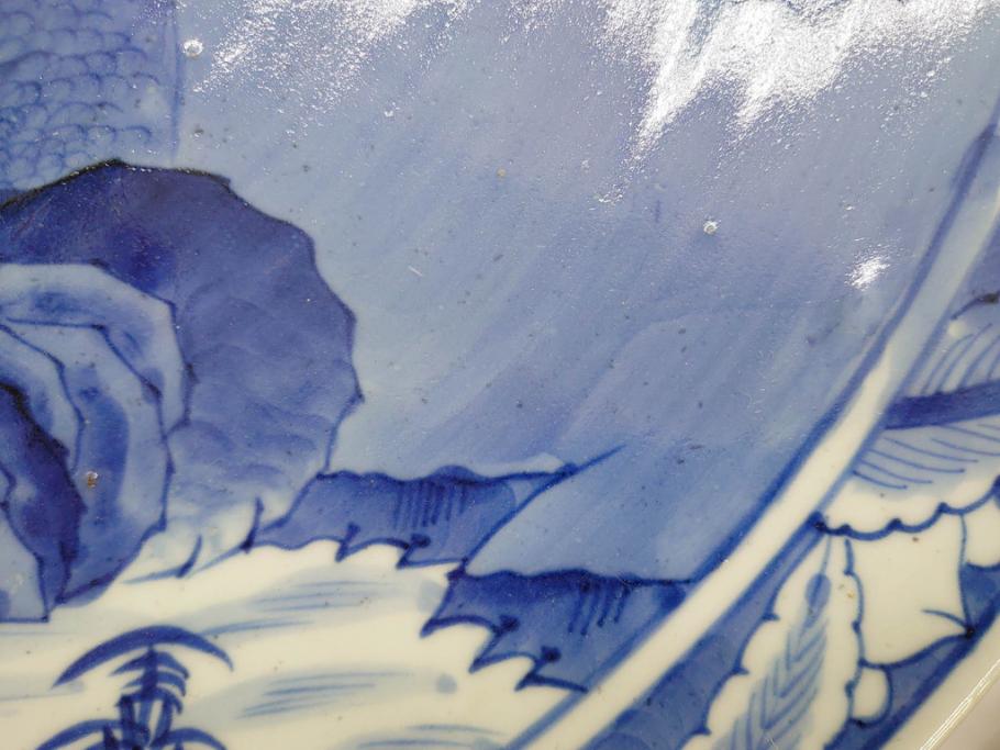 江戸期　古伊万里　山水図　約47cm　1尺5寸　柔らかな青色の濃淡が魅力的な大皿(染付、楼閣図、和皿、和食器、一尺五寸)(R-079066)
