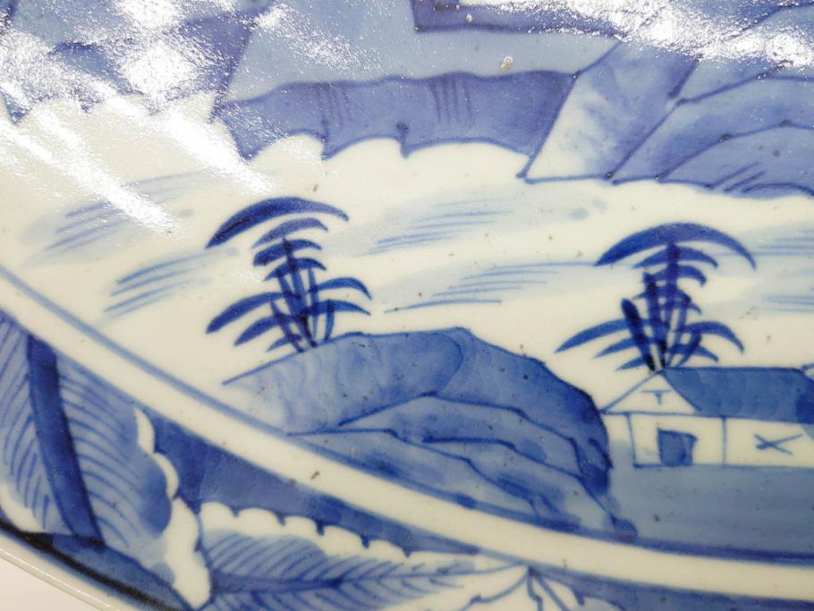 江戸期　古伊万里　山水図　約47cm　1尺5寸　柔らかな青色の濃淡が魅力的な大皿(染付、楼閣図、和皿、和食器、一尺五寸)(R-079066)