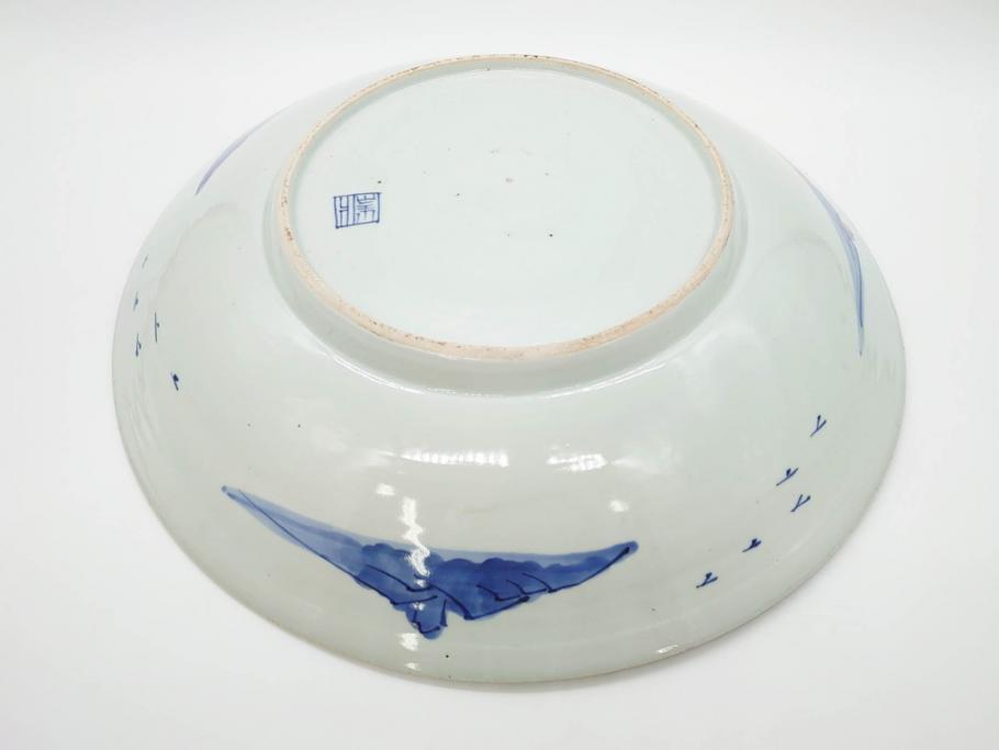 江戸期　古伊万里　山水図　約47cm　1尺5寸　柔らかな青色の濃淡が魅力的な大皿(染付、楼閣図、和皿、和食器、一尺五寸)(R-079066)