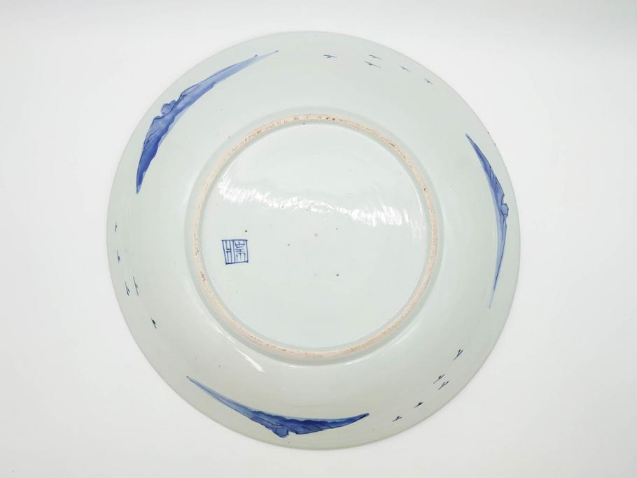 江戸期　古伊万里　山水図　約47cm　1尺5寸　柔らかな青色の濃淡が魅力的な大皿(染付、楼閣図、和皿、和食器、一尺五寸)(R-079066)