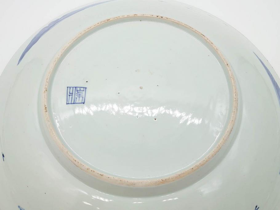 江戸期　古伊万里　山水図　約47cm　1尺5寸　柔らかな青色の濃淡が魅力的な大皿(染付、楼閣図、和皿、和食器、一尺五寸)(R-079066)
