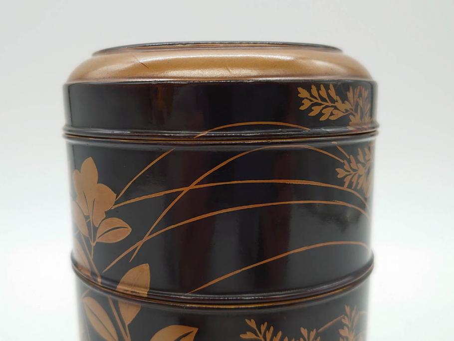 江戸期 木製漆塗り金蒔絵『桐菊絵』重香合 香道具銀製火箸付編み