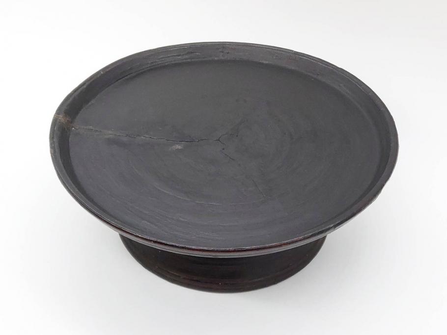 時代物　木製　李朝　時を重ねた味わい深い高台皿(高杯、朝鮮美術、丸盆、台鉢、フルーツボウル、コンポート)(R-079070)