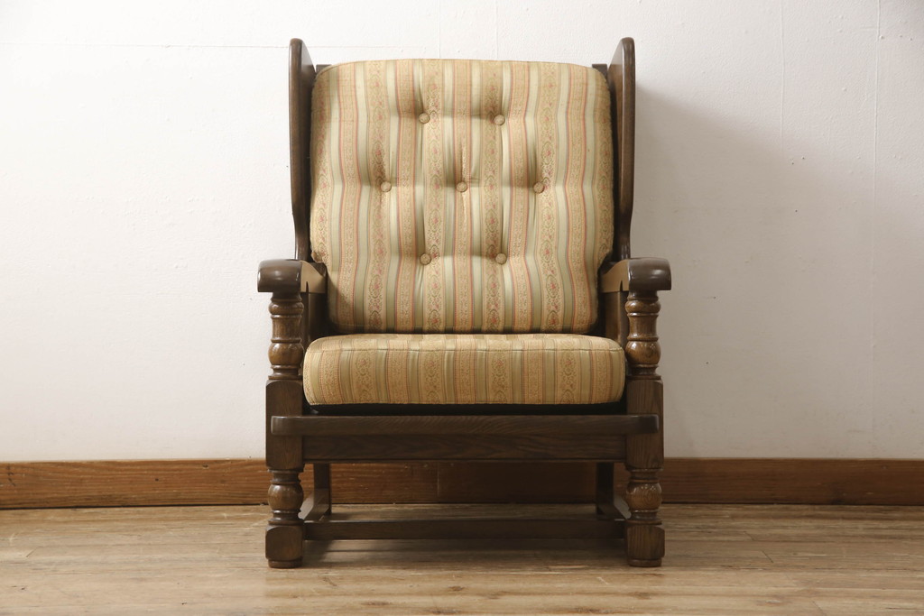 中古　横浜クラシック家具　ノックオンウッド(knockonwood)　コロニアルシリーズ(Hand Made)　英国の伝統スタイルであるウィングバックが印象的な1人掛けソファ(定価約31万円)(ウイングバック、ウィングチェア、1P、アームチェア、一人掛け)(R-055505)