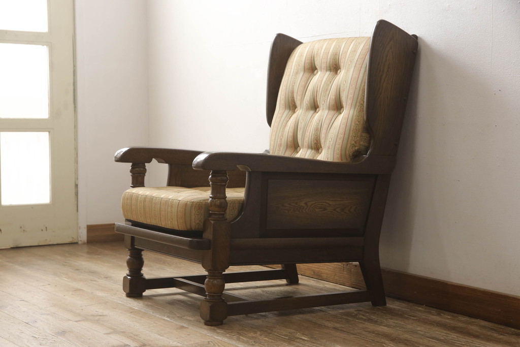 中古　横浜クラシック家具　ノックオンウッド(knockonwood)　コロニアルシリーズ(Hand Made)　英国の伝統スタイルであるウィングバックが印象的な1人掛けソファ(定価約31万円)(ウイングバック、ウィングチェア、1P、アームチェア、一人掛け)(R-055505)