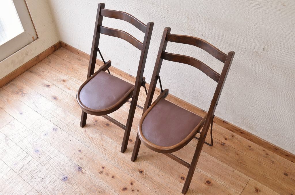 アンティーク家具　イギリスアンティーク　折り畳み式チェア2脚セット(椅子、イス)