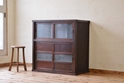 アンティーク家具　前面欅!結霜ガラスアンティーク収納棚(食器棚)