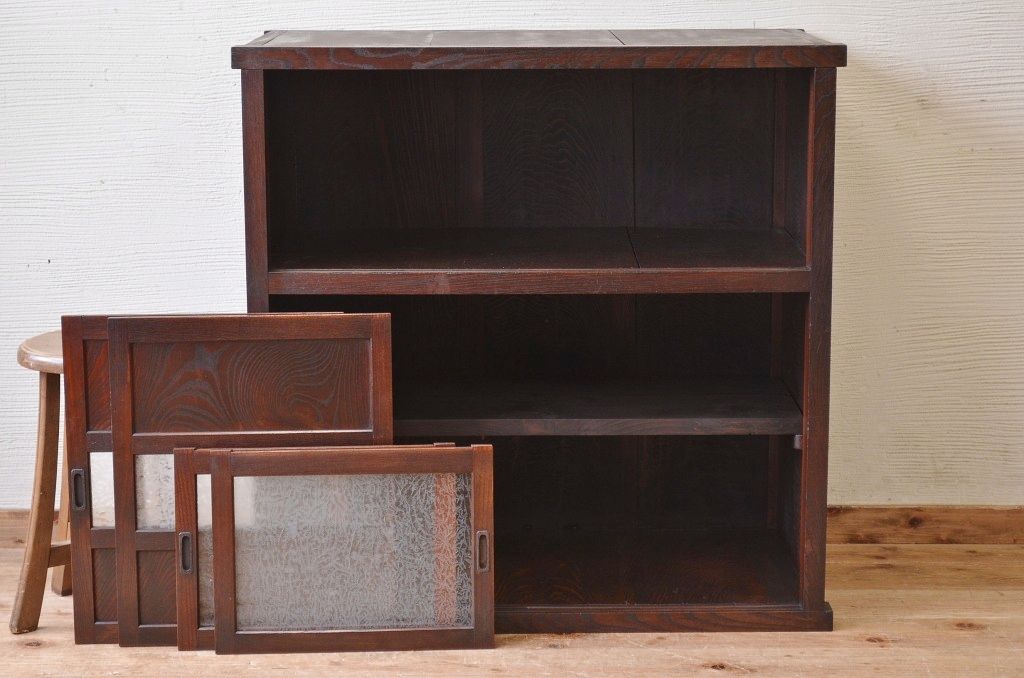 アンティーク家具　前面欅!結霜ガラスアンティーク収納棚(食器棚)
