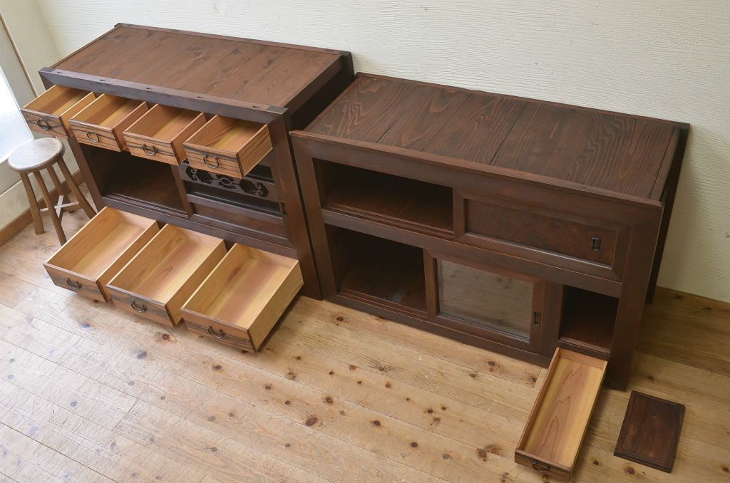 アンティーク家具　古民具　骨董　明治〜大正　黒柿と欅玉杢の上品な水屋箪笥