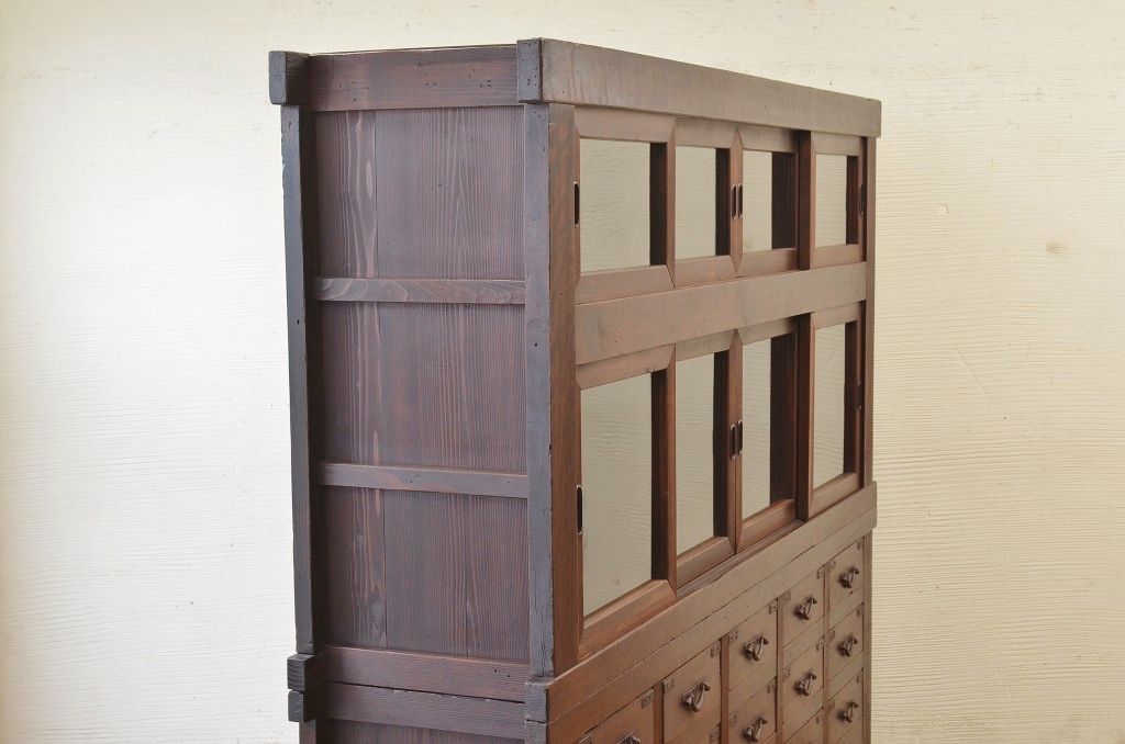 アンティーク家具　明治時代　近江　二段重ね引き出し収納棚(薬箪笥)