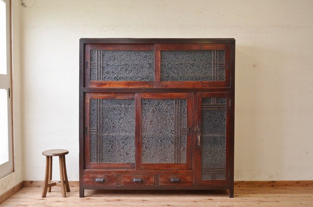 アンティーク家具　特大!結霜ガラスアンティーク下駄箱(収納棚)