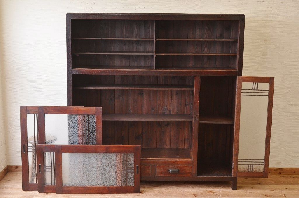 アンティーク家具　特大!結霜ガラスアンティーク下駄箱(収納棚)