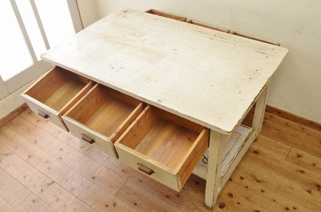 アンティーク家具　白いペイントの両面引き出しアンティーク作業台