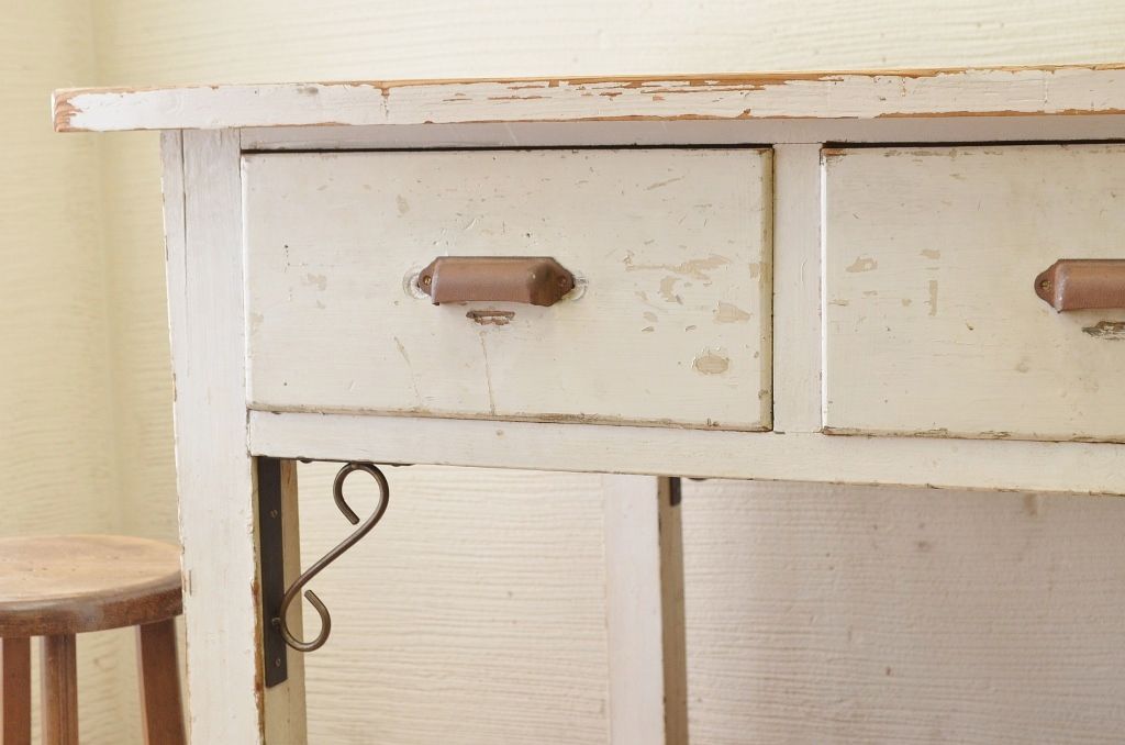 アンティーク家具　白いペイントの両面引き出しアンティーク作業台
