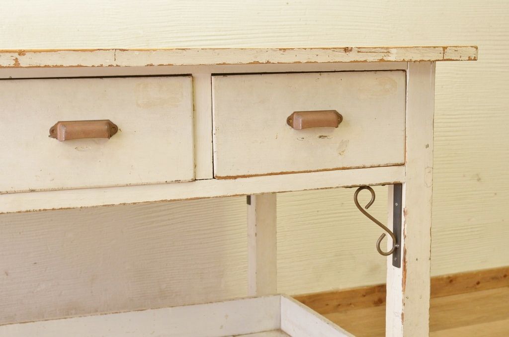 アンティーク家具　白いペイントの両面引き出しアンティーク作業台