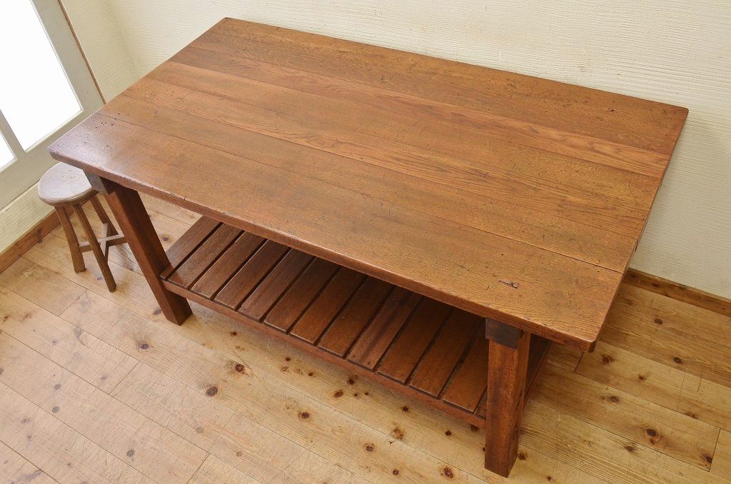 アンティーク家具　重厚!!天板がナラ材の骨太作業台2(ダイニングテーブル)