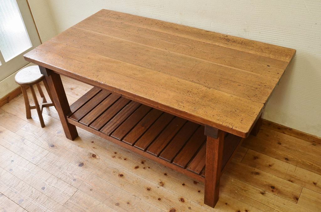 アンティーク家具　重厚!!天板がナラ材の骨太作業台3(ダイニングテーブル)