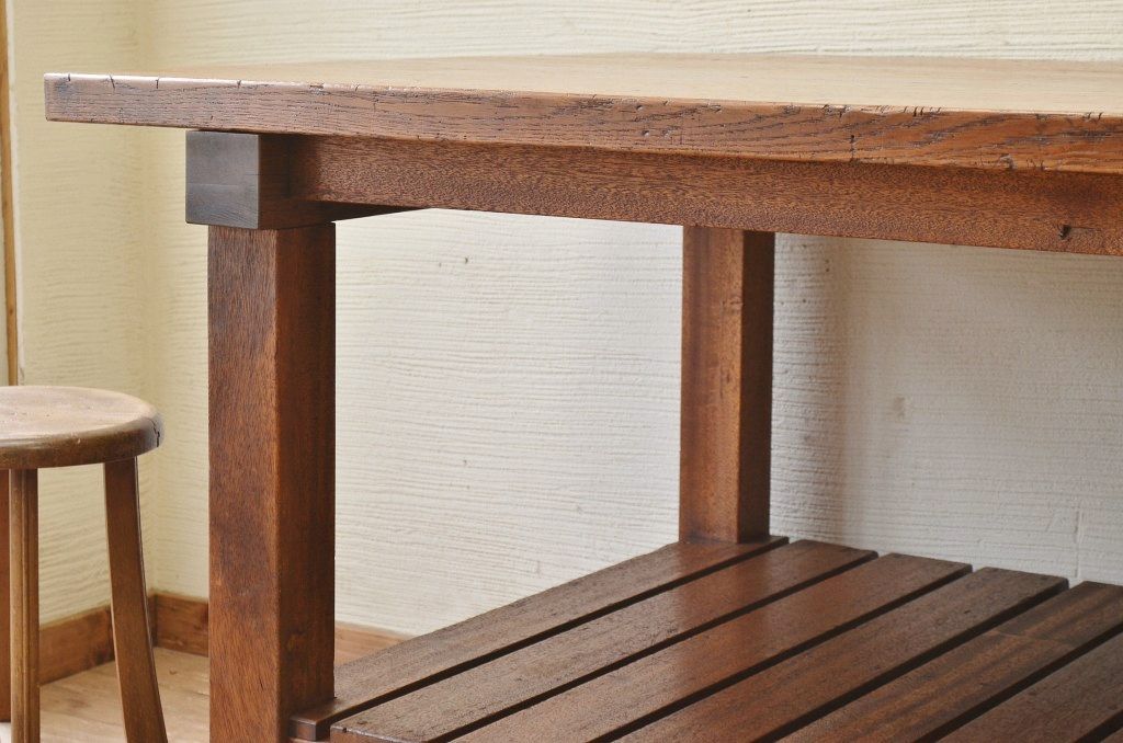 アンティーク家具　重厚!!天板がナラ材の骨太作業台3(ダイニングテーブル)