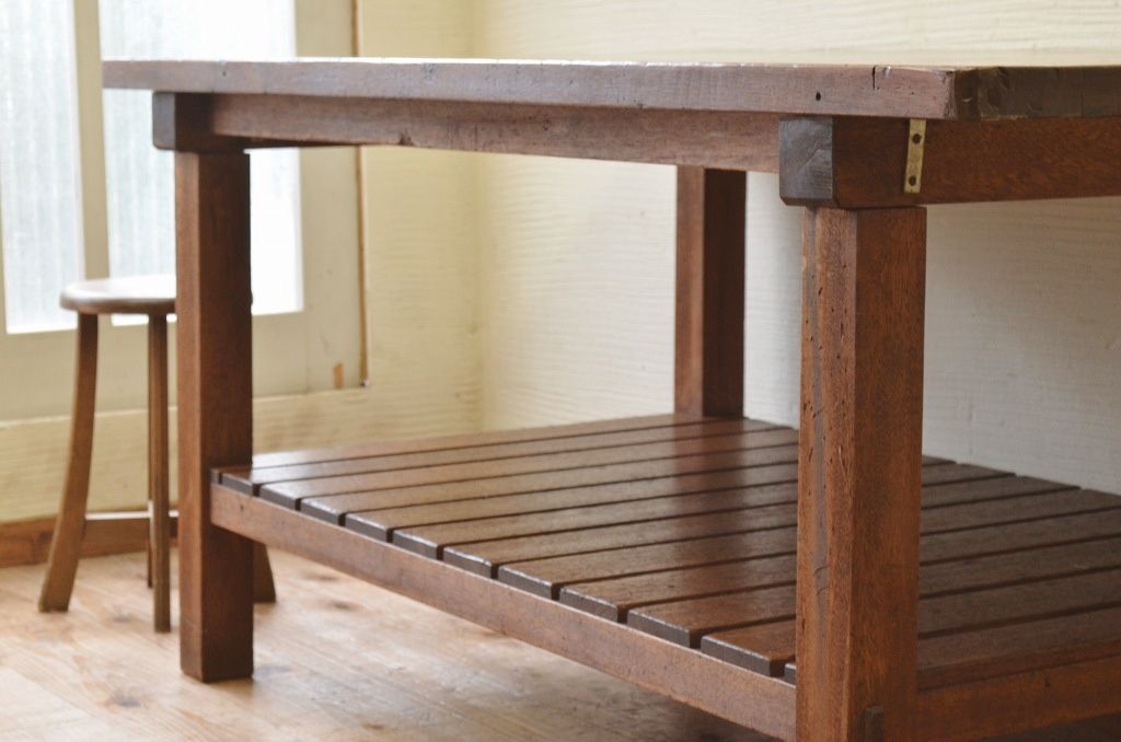 アンティーク家具　重厚!!天板がナラ材の骨太作業台4(ダイニングテーブル)