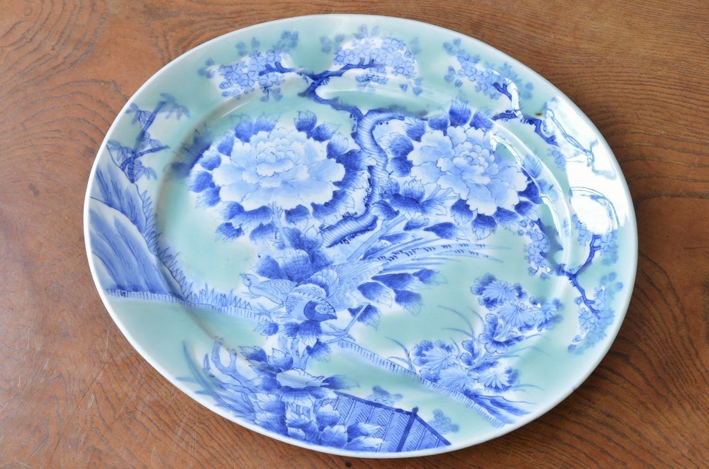 アンティーク雑貨　明治期!花鳥の図　染付青磁大皿