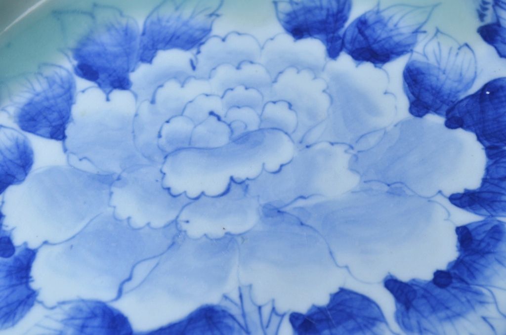 アンティーク雑貨　明治期!花鳥の図　染付青磁大皿