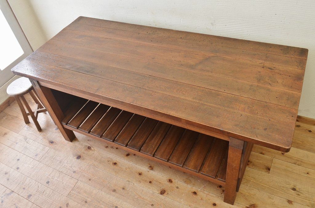 アンティーク家具　重厚!天板ナラ材の骨太作業台2(カウンターテーブル)