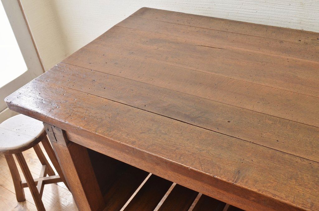 アンティーク家具　重厚!天板ナラ材の骨太作業台2(カウンターテーブル)