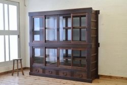 アンティーク家具　希少!古い商家の両面引き戸収納棚(ガラスケース)