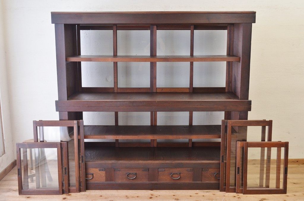 アンティーク家具　希少!古い商家の両面引き戸収納棚(ガラスケース)