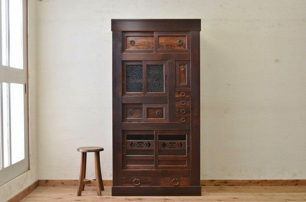 アンティーク家具　古民具　骨董　特別注文造　黒柿材の使われた三尺水屋箪笥