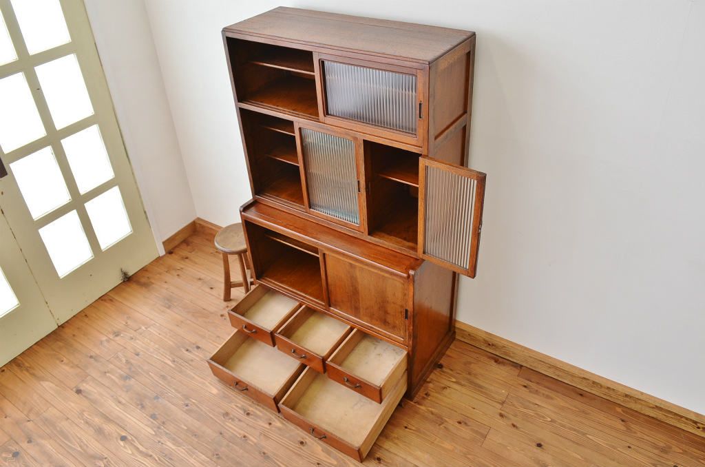 アンティーク家具　☆古いナラ材の作業台付きアンティーク食器棚