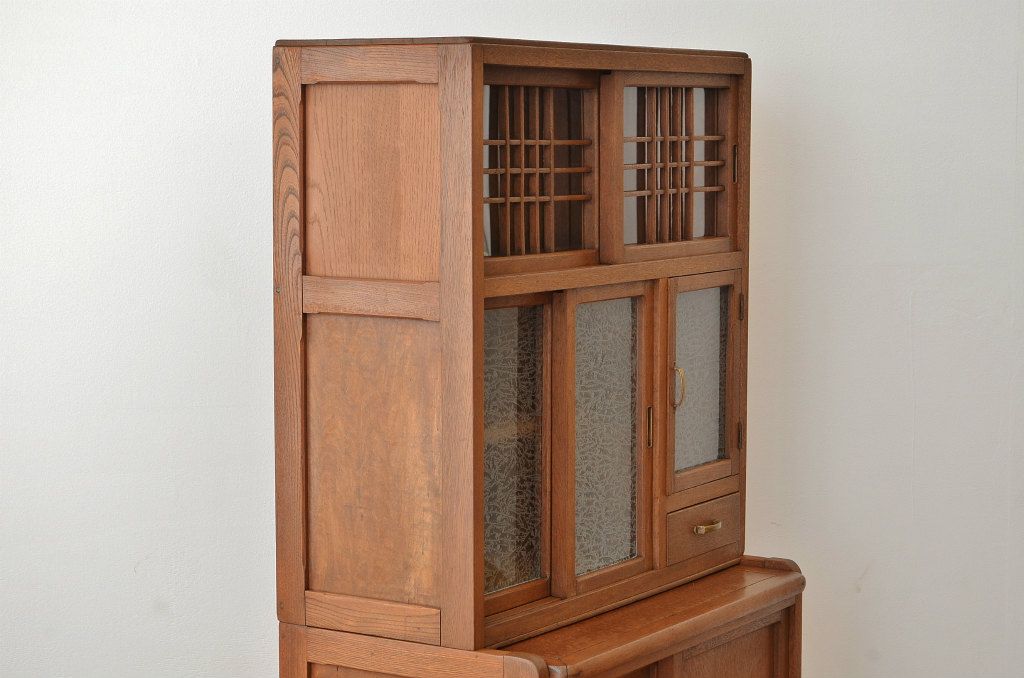 アンティーク家具　☆アンティーク　古いナラ材の作業台付き結霜ガラス食器棚