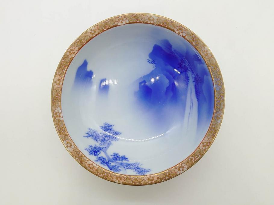 深川製磁　オールド深川　染付　金彩　約18cm　6寸　一つ一つ丁寧に絵付けされた風景図が美しい鉢(深皿、和皿、和食器、六寸、共箱付き)(R-073195)