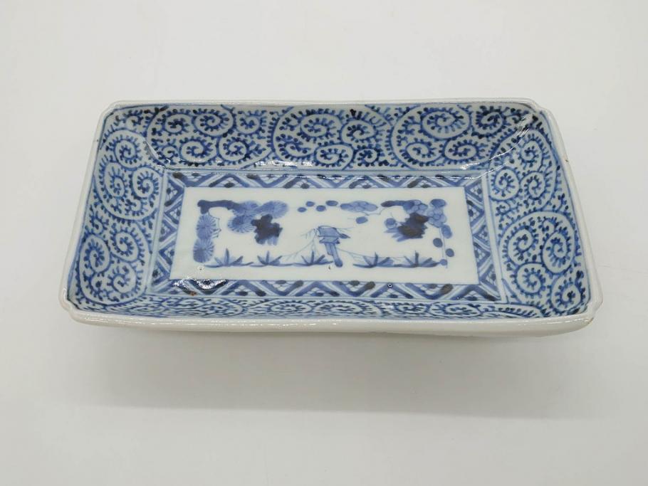 江戸期　大明成化年製　古伊万里　染付　蛸唐草　松竹梅文　約20cm　6.7寸　意匠を凝らしたデザインが素敵な長皿2枚セット(角皿、和皿、和食器、六寸七分)(R-073345)