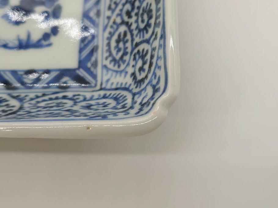 江戸期　大明成化年製　古伊万里　染付　蛸唐草　松竹梅文　約21cm　6.7寸　意匠を凝らしたデザインが素敵な長皿2枚セット(角皿、和皿、和食器、六寸七分)(R-073348)