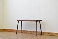 アンティーク家具　天板一枚板!古い木のシンプルなアイアンベンチ(長椅子)