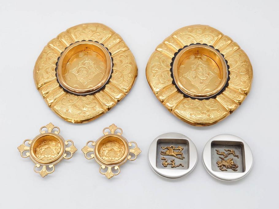 時代物　彫金　金工　緻密な毛彫りが美しい引手6点セット(引き手、鶴、ツル、鳥、花、植物、金具、ハンドル、取っ手、把手、藤原)(R-079114)
